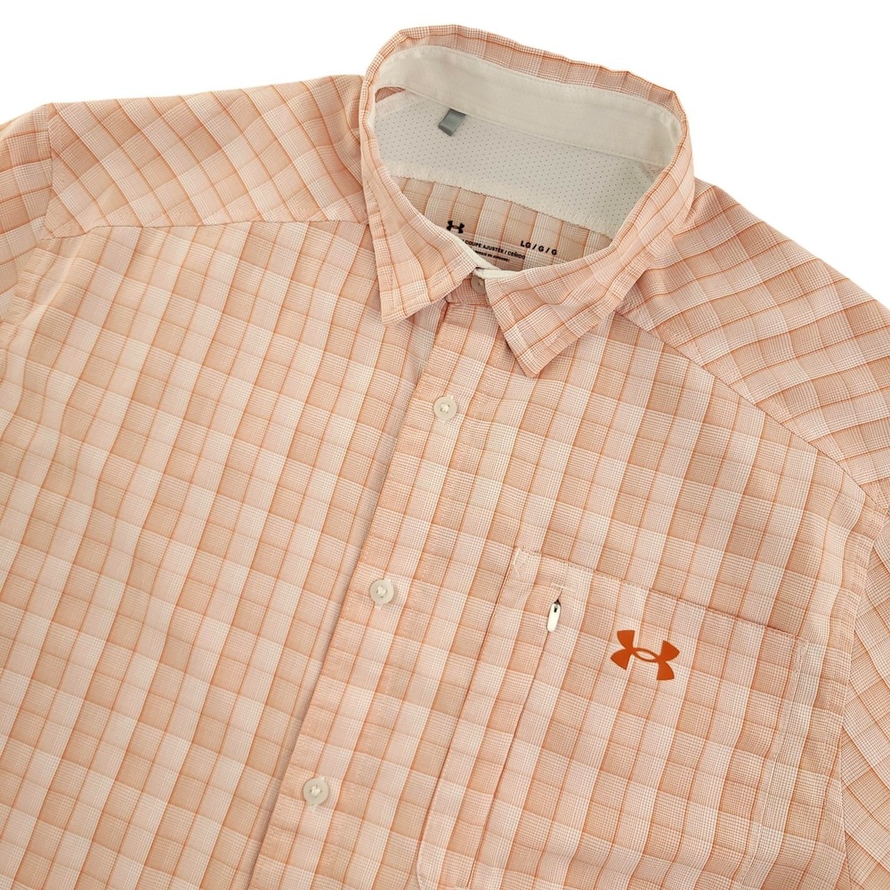 Under Armour Drift Tide Shirt Mens L Orange Plaid Short Sleeve Button Up Outdoor